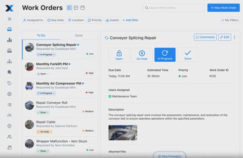 MaintainX screenshot: Work orders list with detail pane