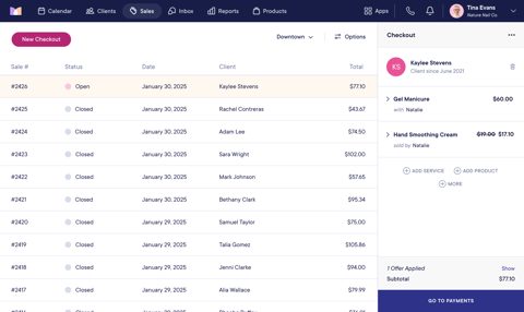 Mangomint screenshot: Sales list and checkout