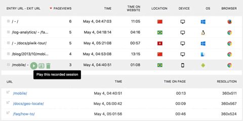 Matomo screenshot: Session recordings list
