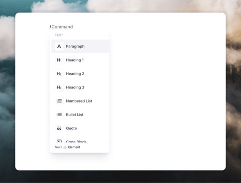 Loops screenshot: Editor slash menu for adding blocks