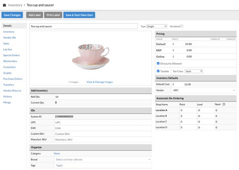 Lightspeed Retail screenshot: Inventory item editing screen