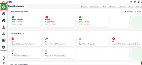 Limble CMMS screenshot: Global dashboard with location status
