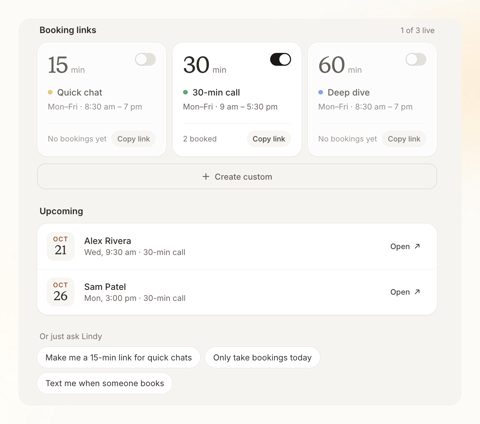 Lindy screenshot: Booking links