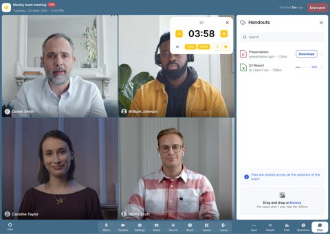 Livestorm screenshot: Live event room with handouts panel