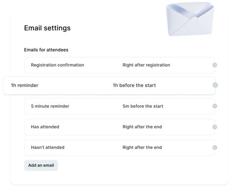 Livestorm screenshot: Email settings for attendees