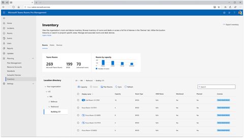 Microsoft Teams screenshot: Teams Rooms inventory