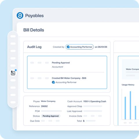 AppFolio screenshot: Payables bill details with audit log