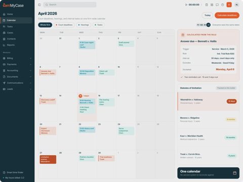 MyCase screenshot: Calendar with court deadline calculator