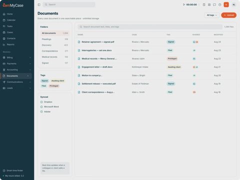 MyCase screenshot: Document management list