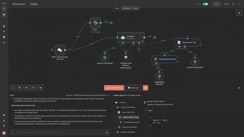 n8n screenshot: Workflow editor with AI agent and chat