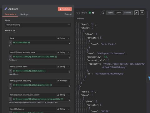 n8n screenshot: Node parameters and output data