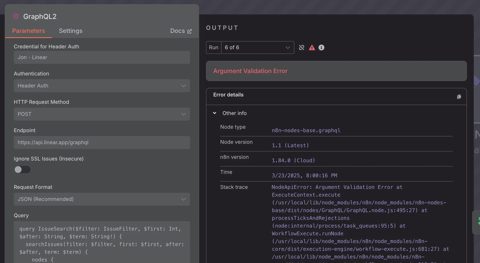 n8n screenshot: Node error details view