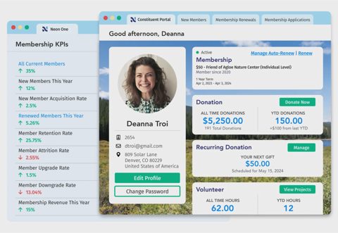 Neon CRM screenshot: Constituent profile and membership KPIs