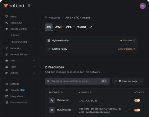 NetBird screenshot: Network resources and access policy status