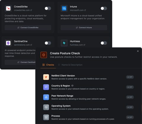 NetBird screenshot: Posture checks and EDR integrations