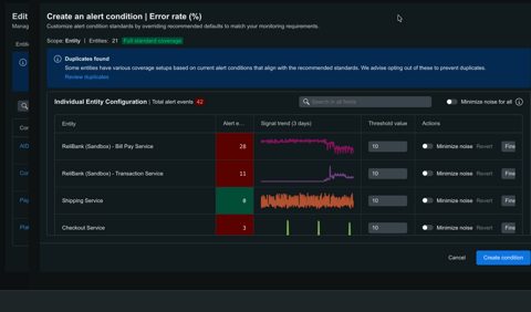 New Relic screenshot: Alert condition editor for error rate