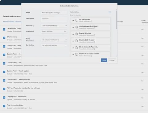 NinjaOne screenshot: Scheduled automations list and editor