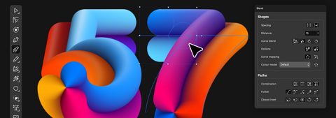 Affinity screenshot: Blend tool with vector shape controls