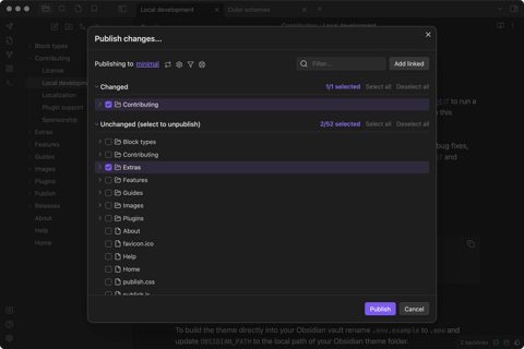 Obsidian screenshot: Publish changes dialog in the app