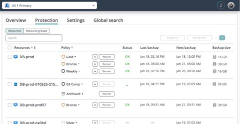 Afi screenshot: Protected resources list with backup status