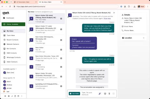 Olark screenshot: Operator inbox with chat and visitor details