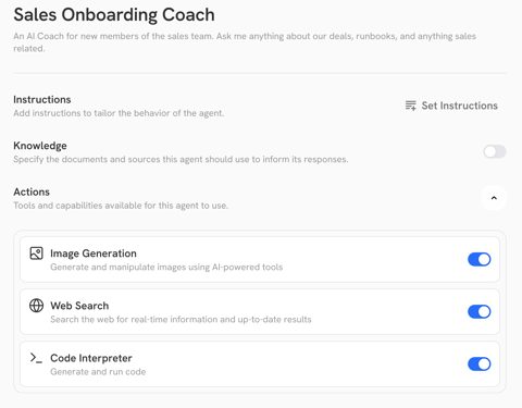 Onyx screenshot: Agent configuration with actions