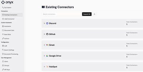 Onyx screenshot: Admin panel connectors list