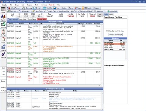 Open Dental screenshot: Patient account ledger