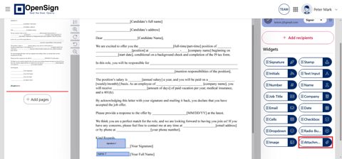 OpenSign screenshot: Document editor with signature widgets