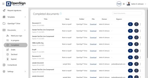 OpenSign screenshot: Completed documents report