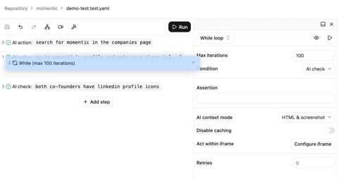 Momentic screenshot: Test step editor