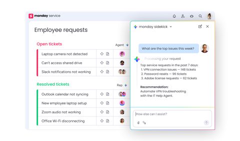 monday.com screenshot: Service tickets with AI sidekick