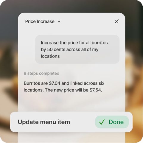 Owner.com screenshot: Owner Agent updating a menu price