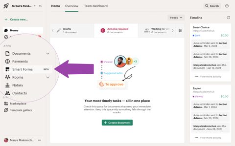 PandaDoc screenshot: Home dashboard with document navigation