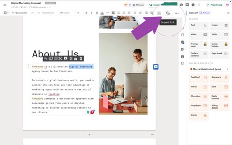 PandaDoc screenshot: Document editor with content blocks