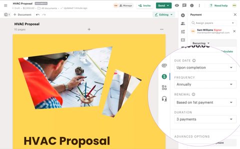 PandaDoc screenshot: Editor with payment settings panel