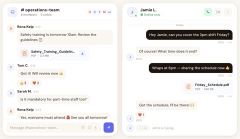 Pebb screenshot: Team chat channel and direct message