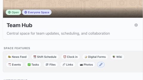 Pebb screenshot: Team Hub space with feature shortcuts