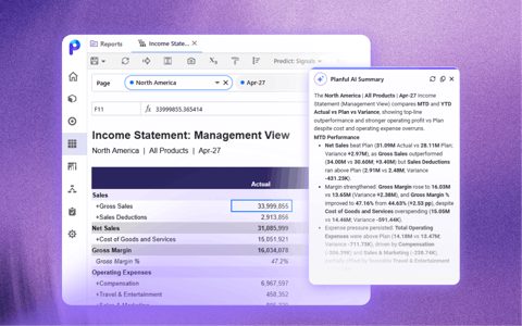 Planful screenshot: Income statement with AI summary
