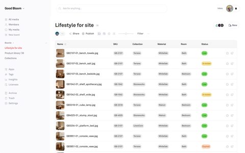 Playbook screenshot: Product library table view