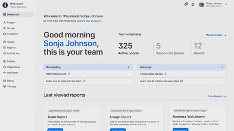 1Password screenshot: Admin Console dashboard with team overview