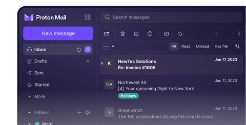 Proton Workspace screenshot: Proton Mail inbox with folders and message list