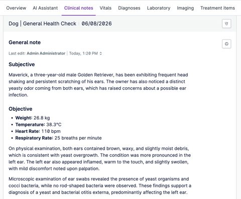 Provet Cloud screenshot: Patient health record clinical notes