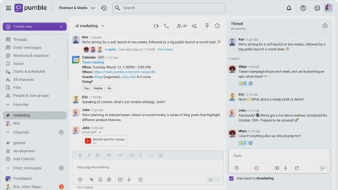 Pumble screenshot: Channel chat with thread panel