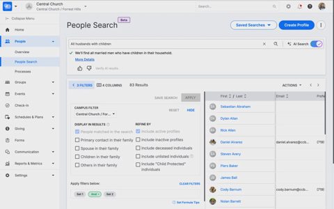 Pushpay screenshot: People search with filters