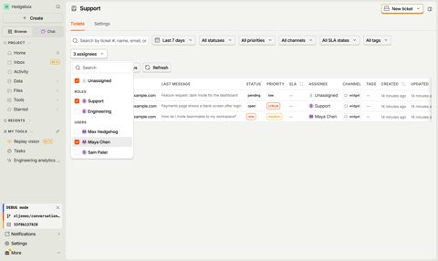 PostHog screenshot: Support ticket inbox