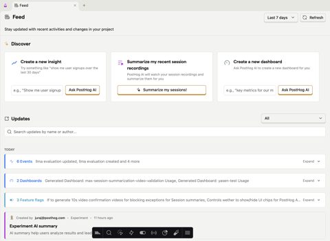 PostHog screenshot: Project feed with AI prompts and updates