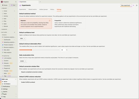 PostHog screenshot: Experiments settings screen