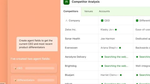 Airtable screenshot: Competitor analysis grid with agent fields