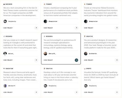 Perplexity screenshot: Project gallery with example prompts